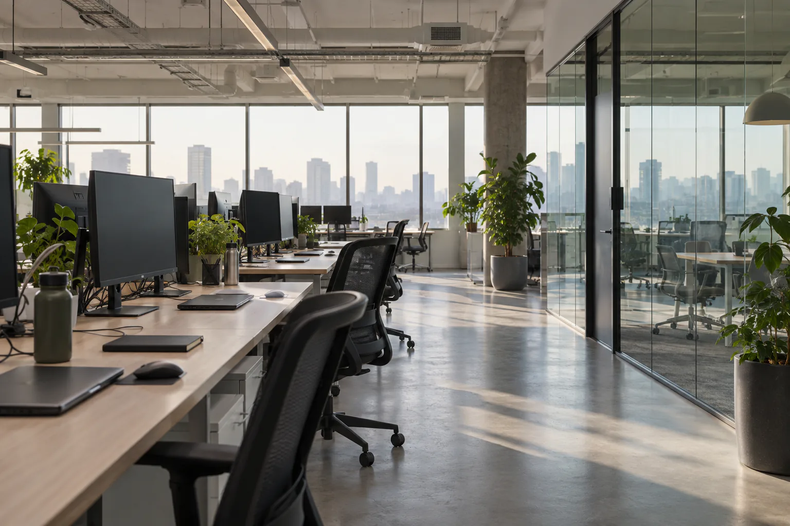 An open-plan software office in morning light, with rows of desks and glass meeting rooms
