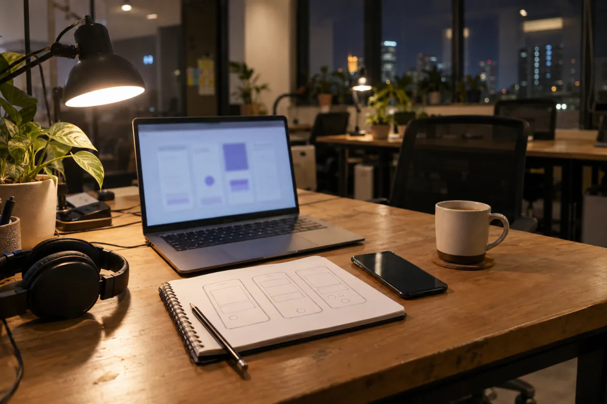 A co-working desk with a laptop and app sketches in a notebook