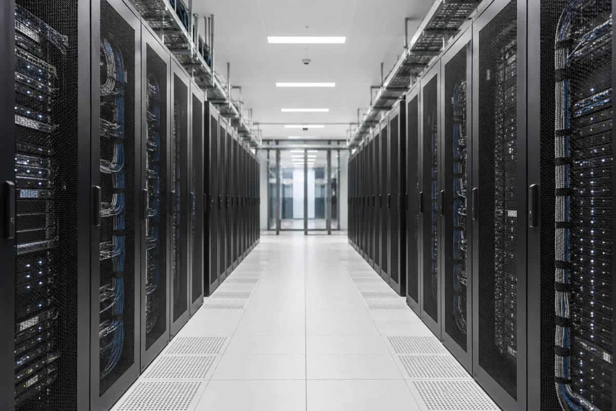 A clean data-centre aisle lined with server racks