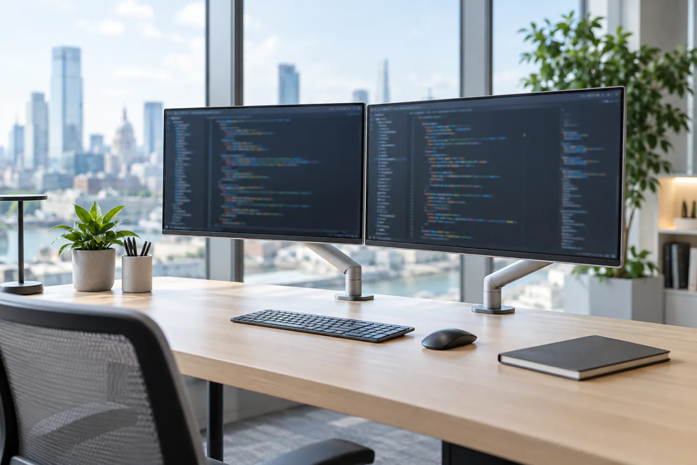 An engineer’s workstation with code on two monitors