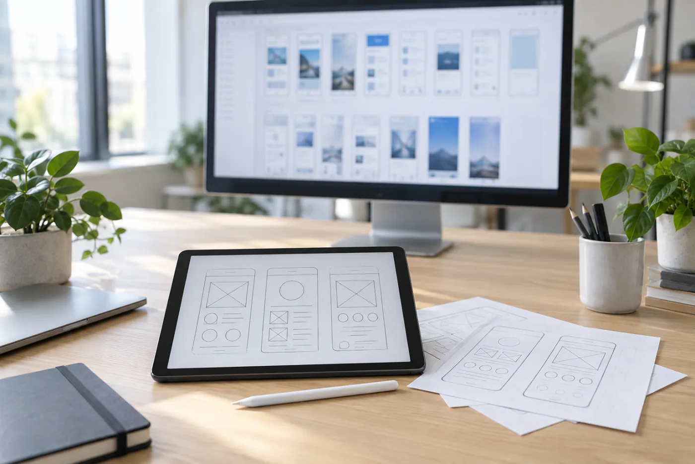 A designer’s desk with app screens on a monitor, a wireframe on a tablet and paper sketches