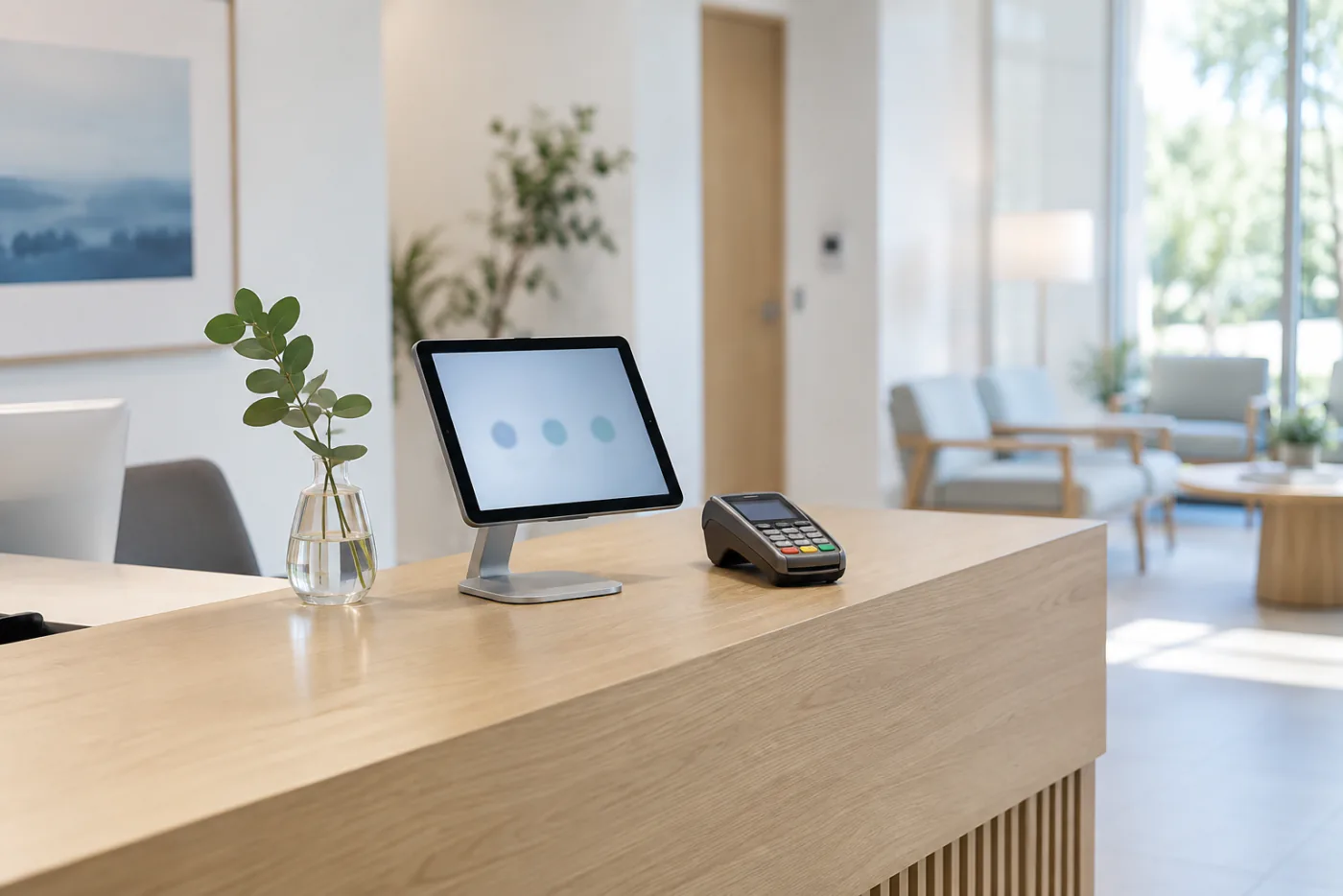 A check-in app on a tablet beside a card terminal at a clinic reception desk