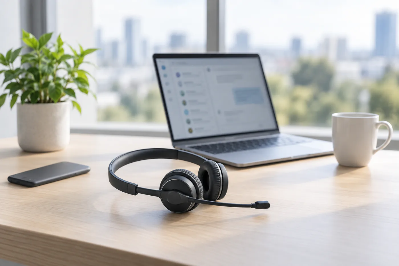 A support desk with a headset beside a laptop