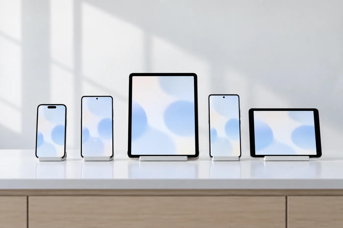 Phones and tablets lined up for testing on a white bench