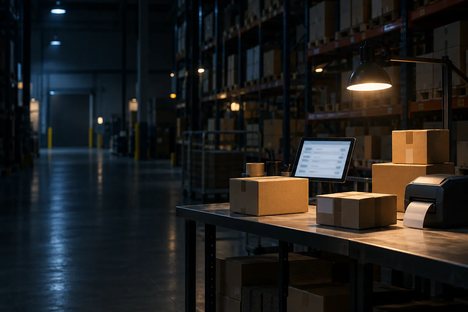 A warehouse packing station at night, an orders app on a tablet under a work lamp
