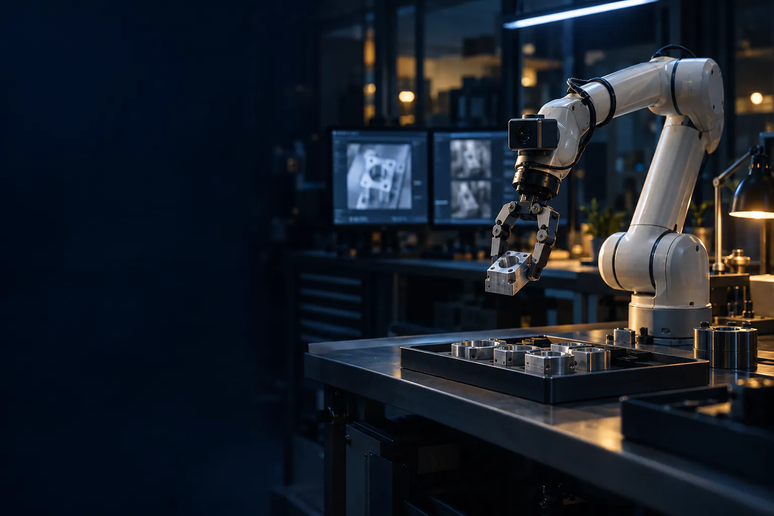 A robot arm with a wrist camera lifting a machined part from a tray in a lab at night