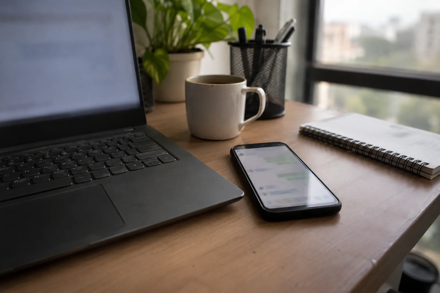 A phone showing a support chat app beside a laptop on an office desk
