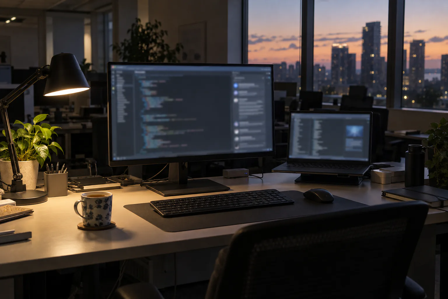 An engineer’s workstation in the evening, with a code editor and an AI chat panel on screen