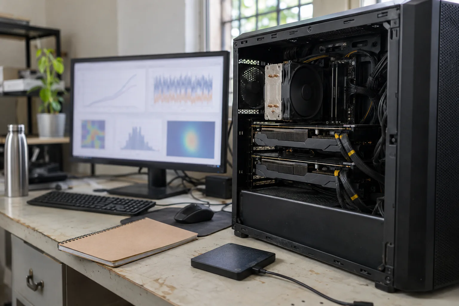 A machine-learning workstation with two graphics cards and a monitor