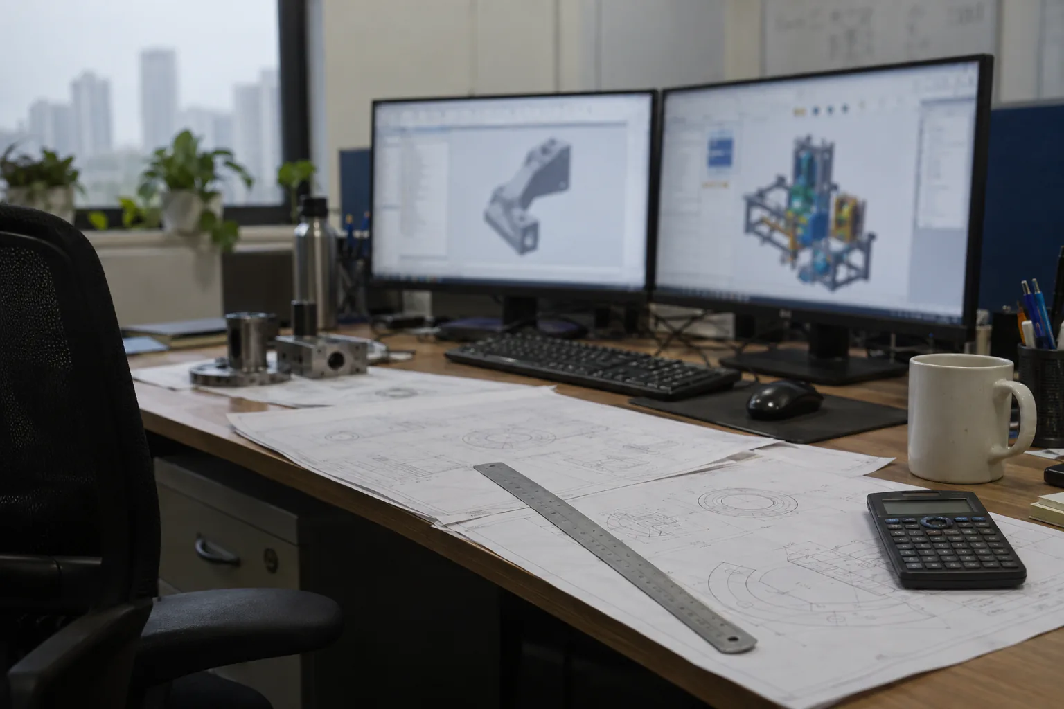 An engineering workstation with two monitors and printed drawings