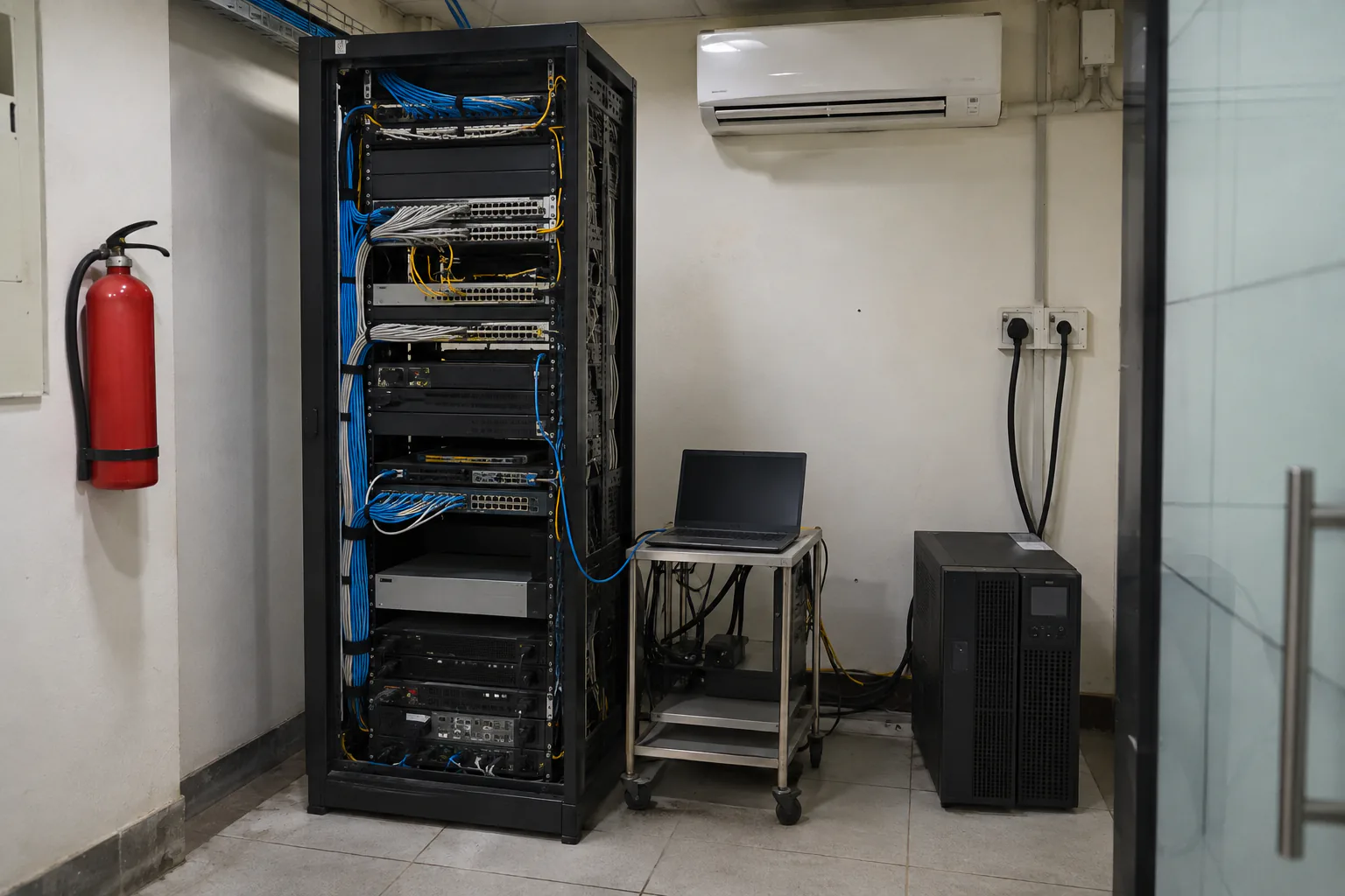 An open network rack with servers and bundled cables in an office server room