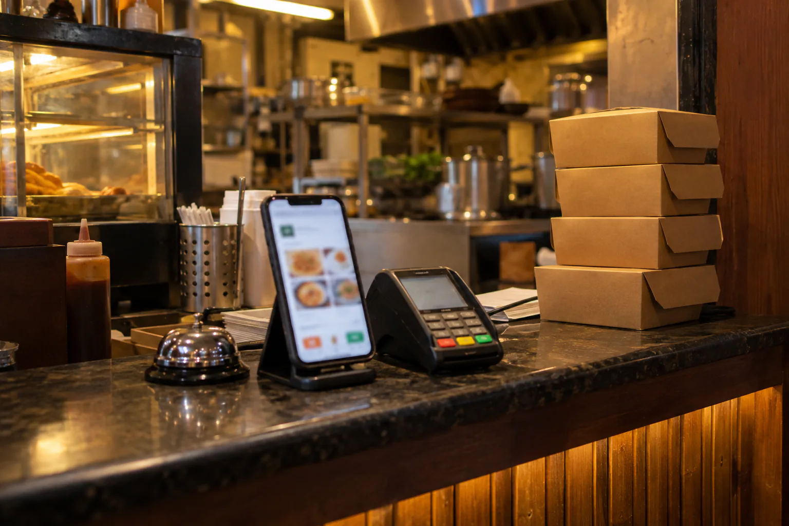 A phone on a restaurant billing counter showing an ordering app