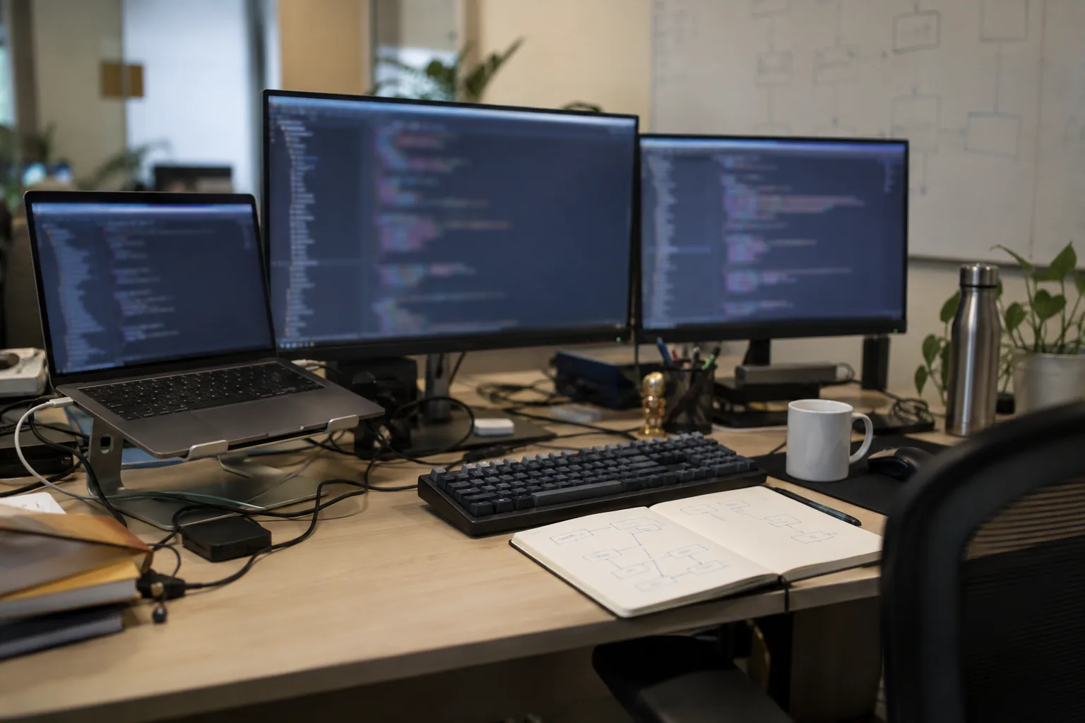 A developer desk with two monitors, a laptop and a notebook of diagrams