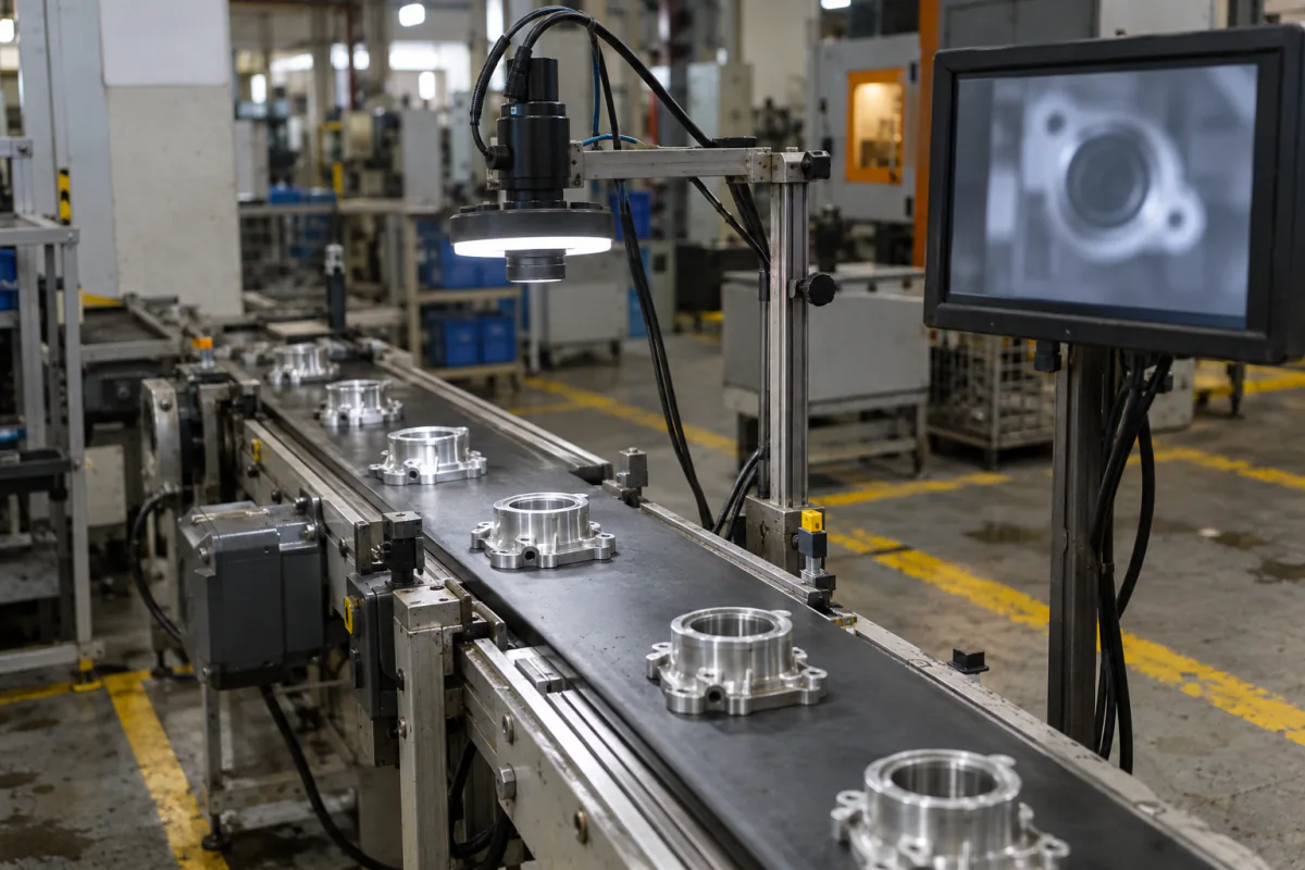 An inspection camera above a conveyor carrying machined parts